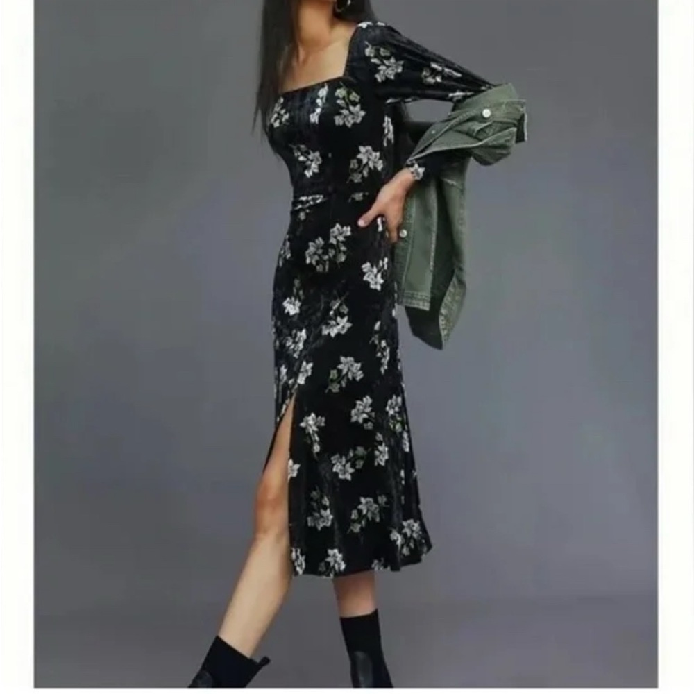 Anthropologie Hutch Velvet Midi Black Floral Dress
